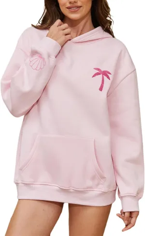 Hawaii Beach Graphic Hoodies for Women Teen Girls Flower Embroidery Oversized Hooded Sweatshirts Vintage Y2k Hoodie