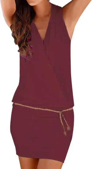 HHmei Women Sexy Sleeveless Mini Dress, Short V-Neck Sea Pure Color Slim Casual Dresses