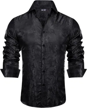 Hi-Tie Mens Dress Shirts Wrinkle Free Inner Contrast Jacquard Long Sleeve Casual Button Down Shirt Business Party Wedding