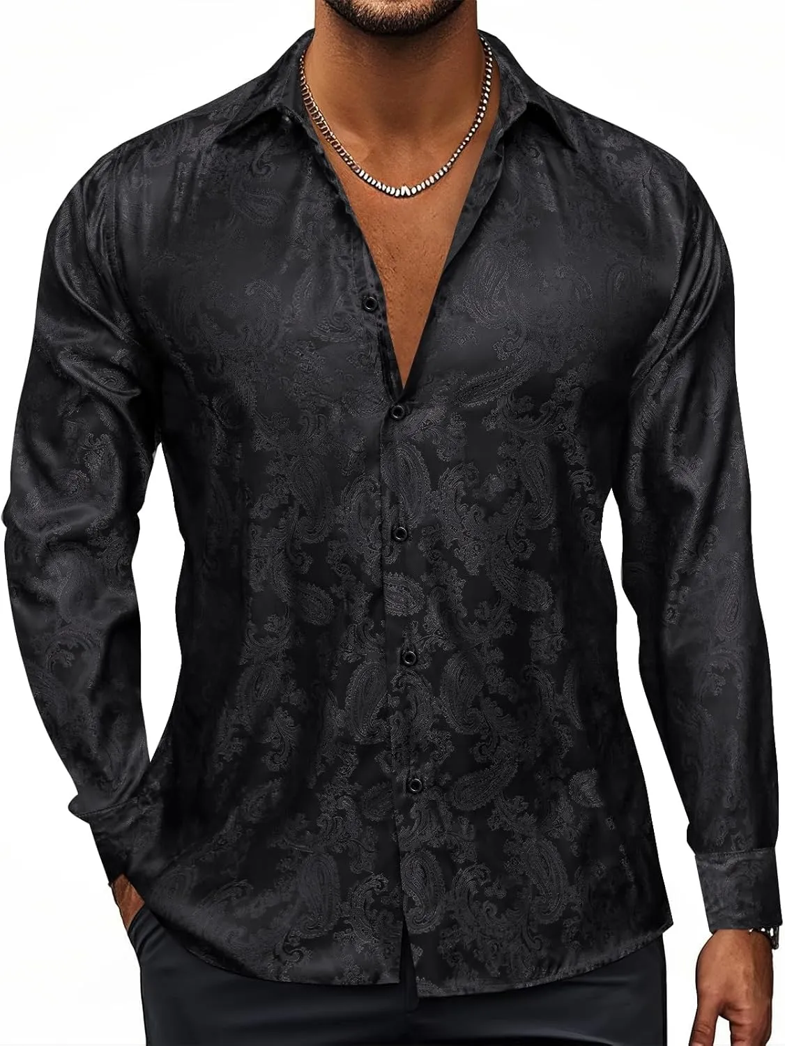 Hi-Tie Mens Dress Shirts Wrinkle Free Inner Contrast Jacquard Long Sleeve Casual Button Down Shirt Business Party Wedding