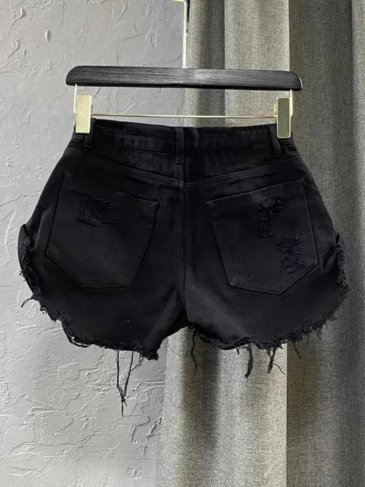 Hole Hollow Out Denim Shorts For Women High Waist Patchwork TASSEL Sexy Short Pants Female Fashion Clothing