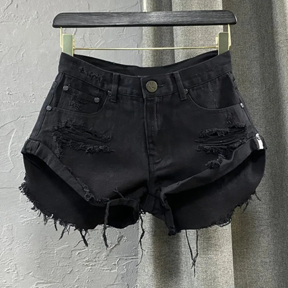 Hole Hollow Out Denim Shorts For Women High Waist Patchwork TASSEL Sexy Short Pants Female Fashion Clothing