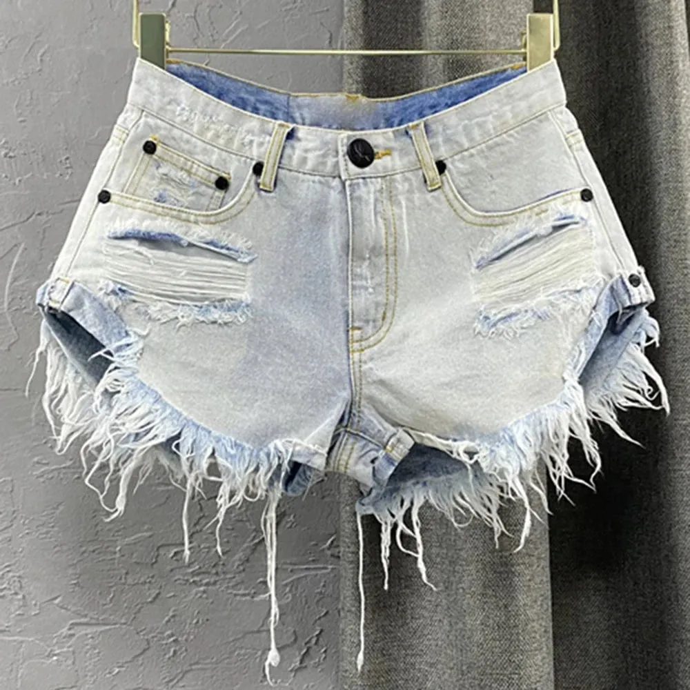Hole Hollow Out Denim Shorts For Women High Waist Patchwork TASSEL Sexy Short Pants Female Fashion Clothing
