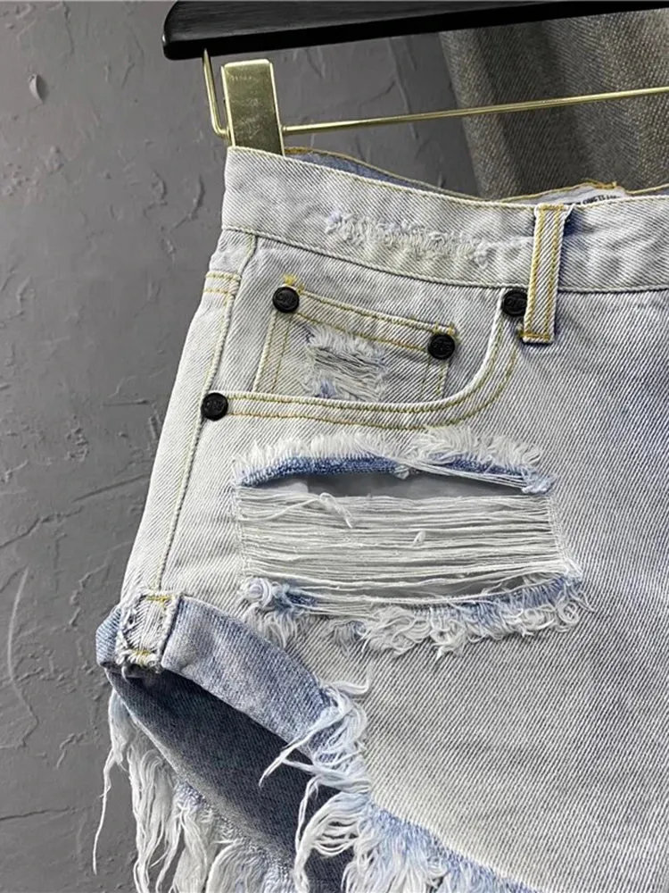 Hole Hollow Out Denim Shorts For Women High Waist Patchwork TASSEL Sexy Short Pants Female Fashion Clothing