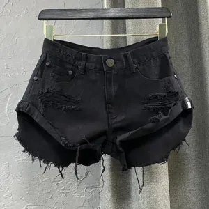 Hole Hollow Out Denim Shorts For Women High Waist Patchwork TASSEL Sexy Short Pants Female Fashion Clothing