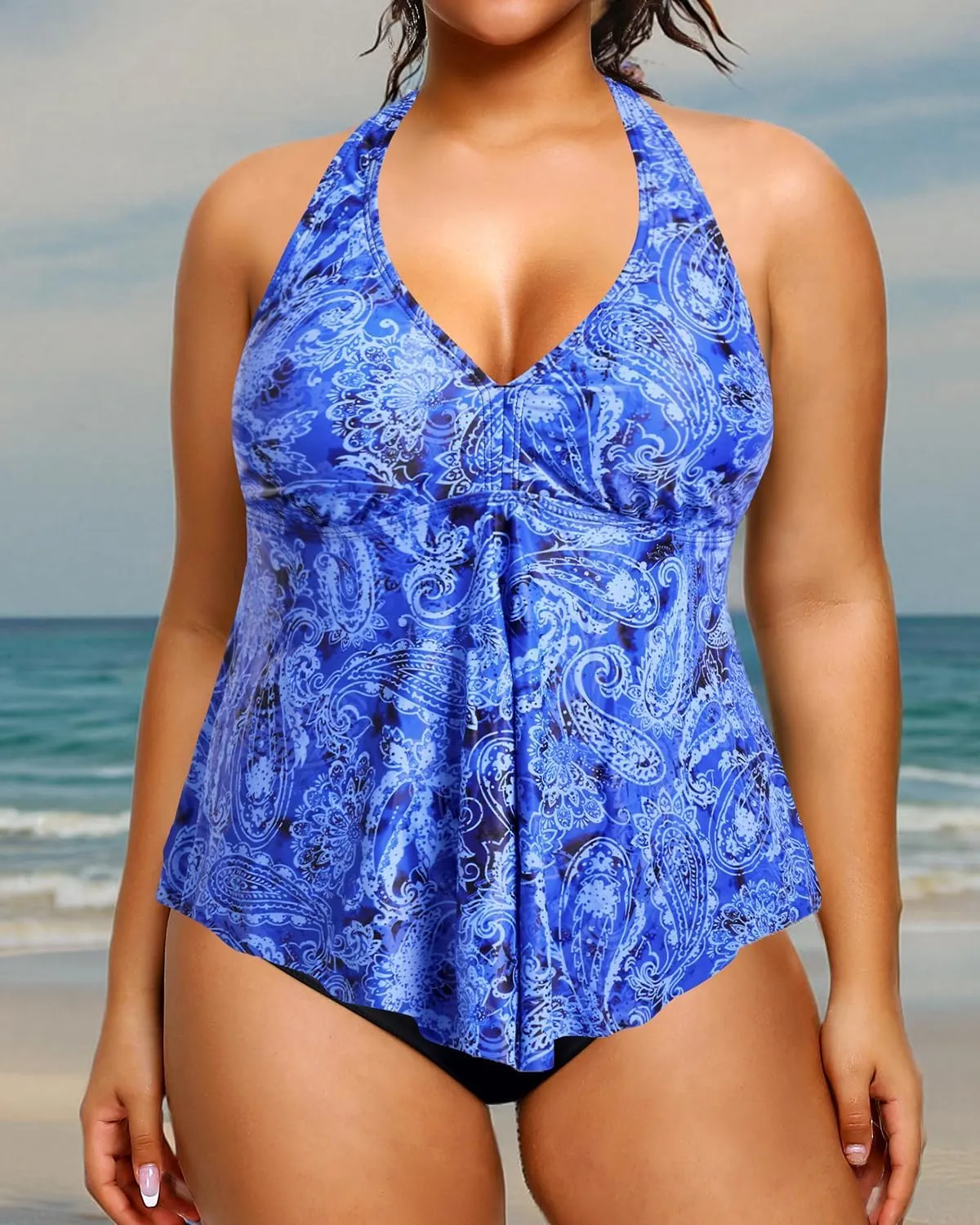 Holipick Plus Size Two Piece Swimsuits High Waisted Bathing Suits for Women Halter Tankini Top with Bottoms
