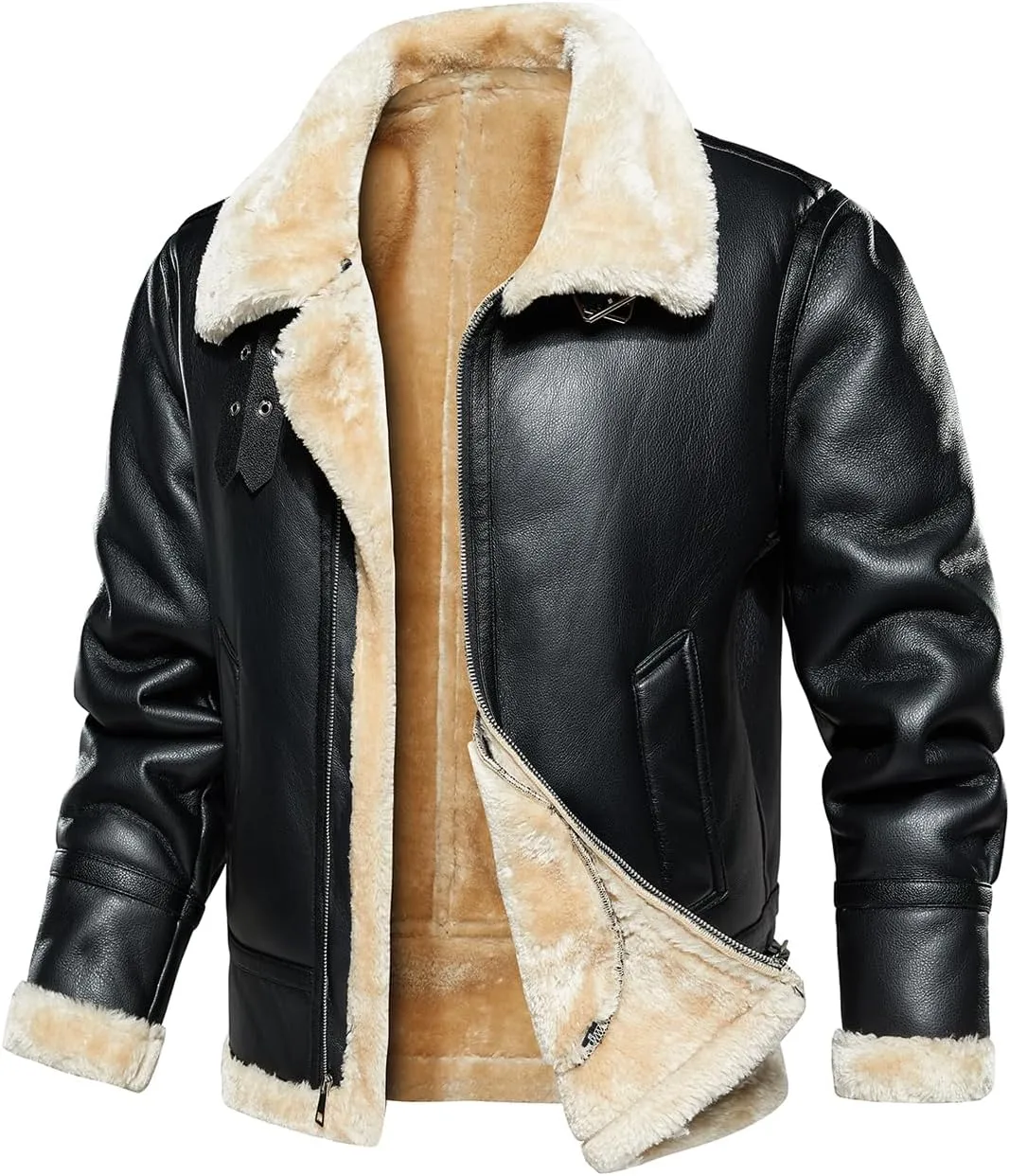HOOD CREW Mens Faux Leather Jacket Vintage Bomber Jacket with Artificial Fur Lining Warm Winter Leather Coat