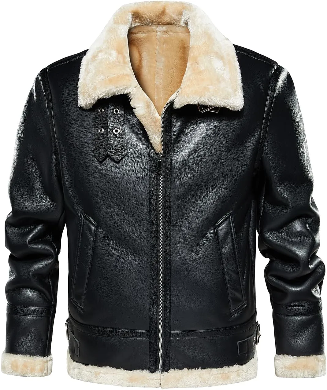 HOOD CREW Mens Faux Leather Jacket Vintage Bomber Jacket with Artificial Fur Lining Warm Winter Leather Coat