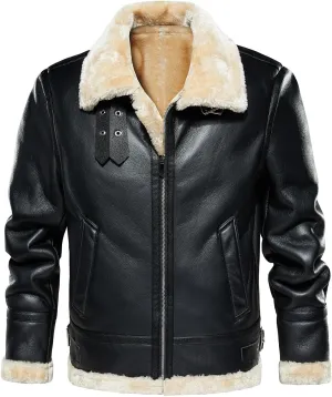 HOOD CREW Mens Faux Leather Jacket Vintage Bomber Jacket with Artificial Fur Lining Warm Winter Leather Coat