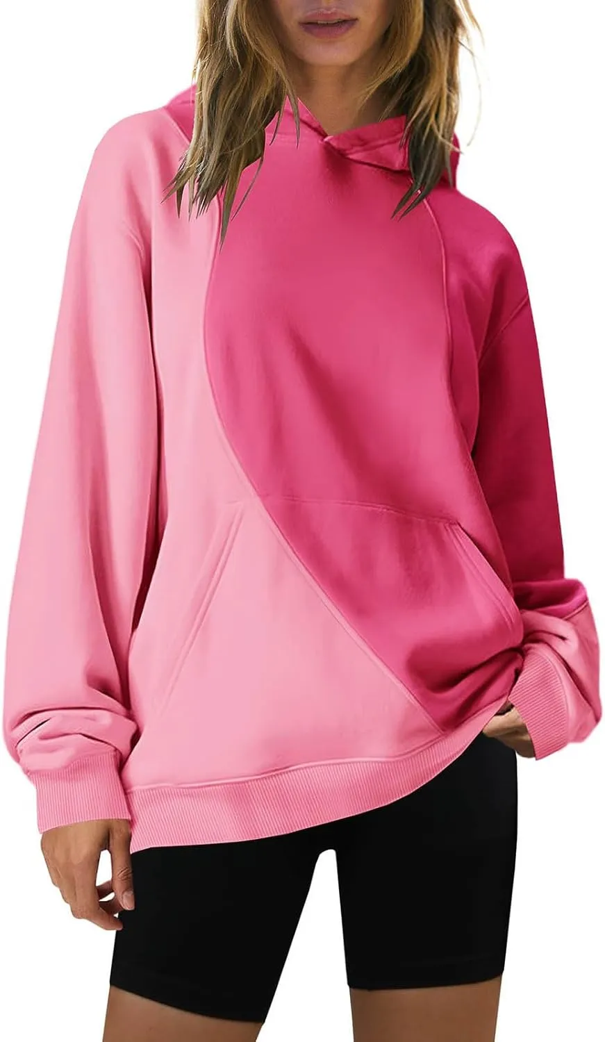 Hoodies for Women Long Sleeve Hoodies Pullover Color Block Loose Fit Hooded Sweatshirt with Pockets Casual Fall Clothes
