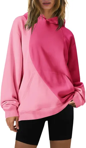 Hoodies for Women Long Sleeve Hoodies Pullover Color Block Loose Fit Hooded Sweatshirt with Pockets Casual Fall Clothes