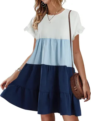 Imysty Womens Boho Floral Ruffle Sleeve Babydoll Loose Flowy Casual Summer Pleated Mini Dress