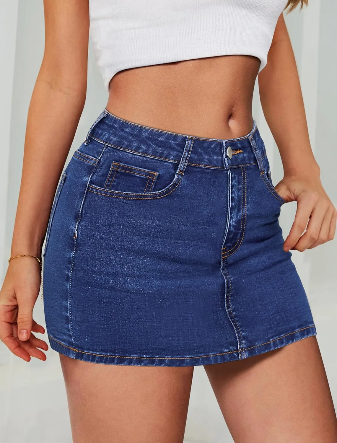 IWD Denim Mini Skirt Women Casual Stretch Jean Skirt Zip Fly Low Waisted Denim Skort with Pockets
