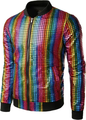 JOGAL Men's Metallic Silver Jacket Gold 70's Disco Costume