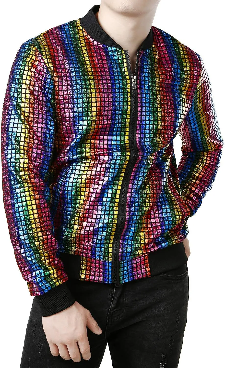 JOGAL Men's Metallic Silver Jacket Gold 70's Disco Costume