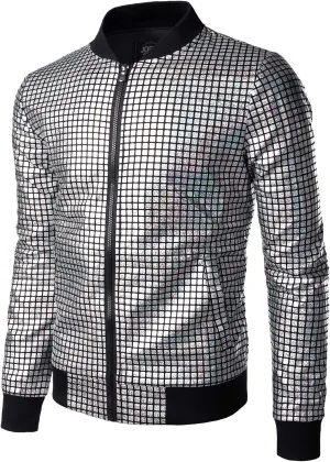 JOGAL Men's Metallic Silver Jacket Gold 70's Disco Costume