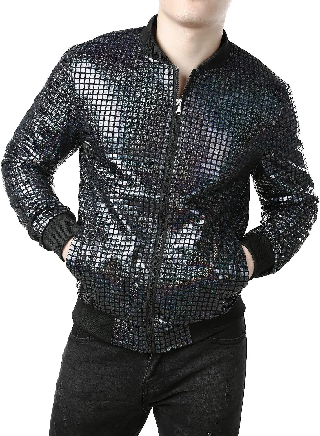 JOGAL Men's Metallic Silver Jacket Gold 70's Disco Costume