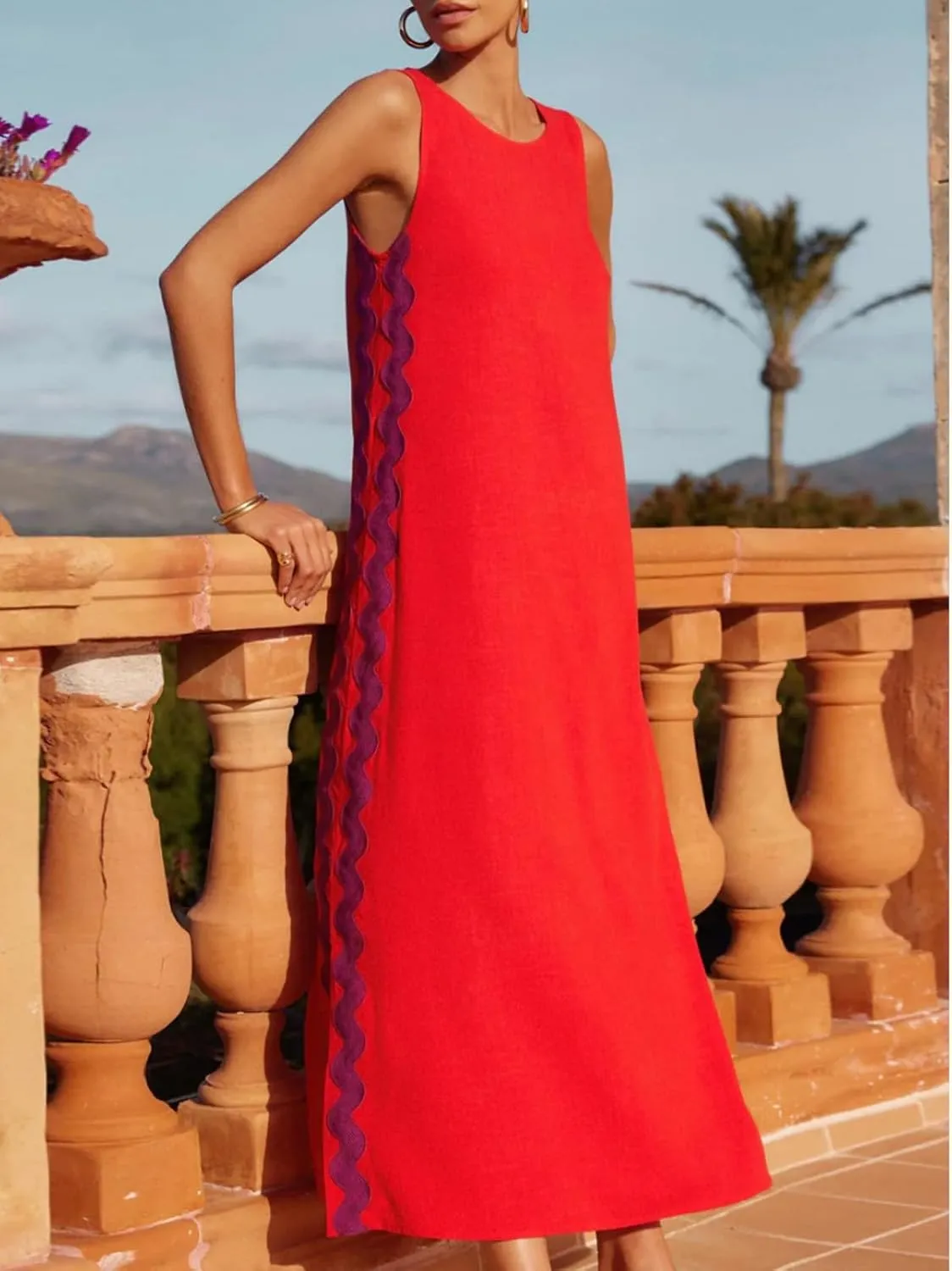 KEOMUD Women Sundress Sleeveless Maxi Dress Summer Crewneck Split Long Beach Dress 2024