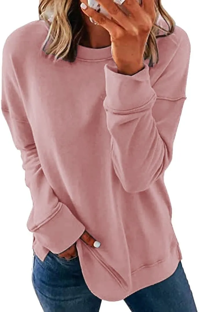 KINSWT Womens Sweatshirt Long Sleeve CrewNeck Striped Pullover side split Tops