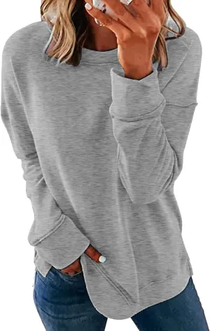 KINSWT Womens Sweatshirt Long Sleeve CrewNeck Striped Pullover side split Tops