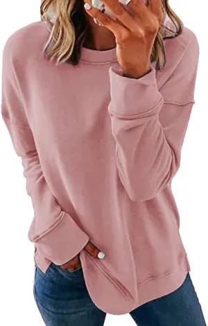 KINSWT Womens Sweatshirt Long Sleeve CrewNeck Striped Pullover side split Tops