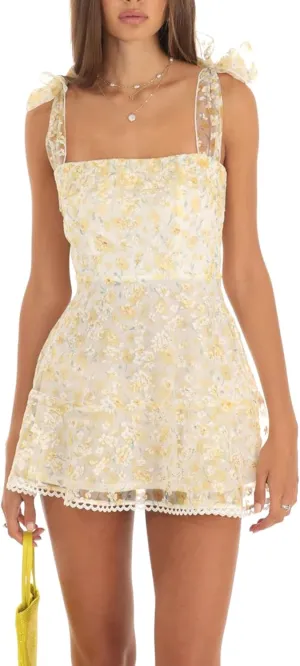 Knot Spaghetti Strap Dress for Women Y2K Flowy Mini Dress Beach Party Summer Short Backless Sundress