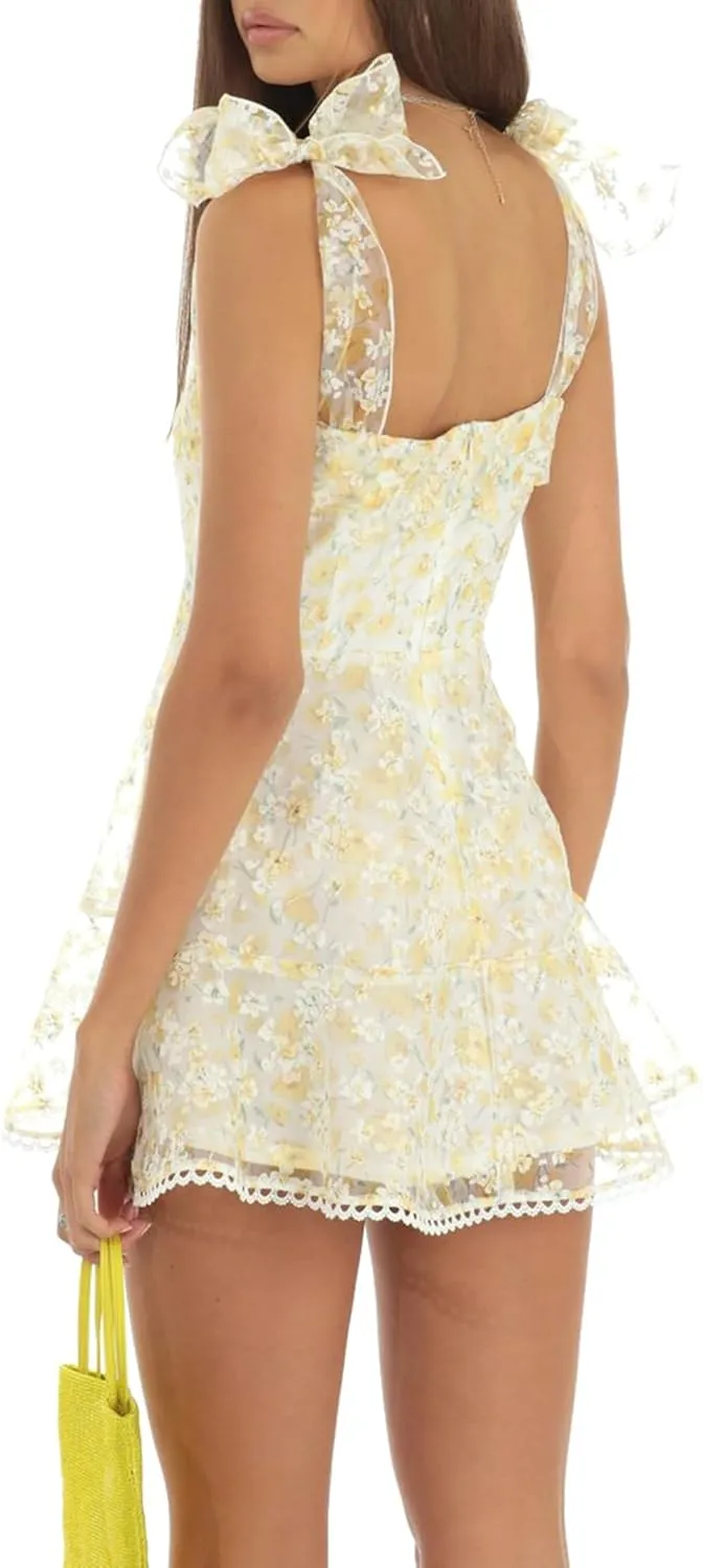 Knot Spaghetti Strap Dress for Women Y2K Flowy Mini Dress Beach Party Summer Short Backless Sundress