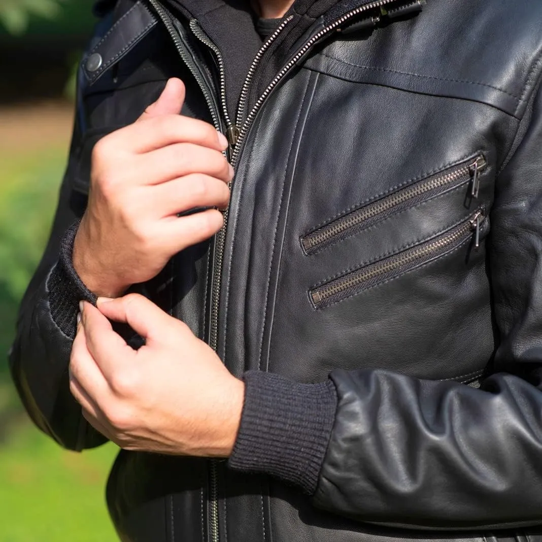 Lambskin Leather Motorcycle Jacket for Men - Genuine Leather Bomber Jacket with Removable Hood - US Sizes XXS-3XL