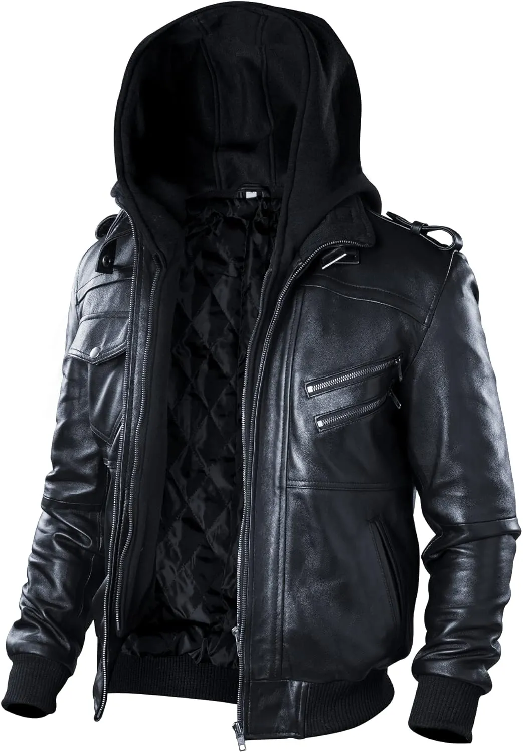 Lambskin Leather Motorcycle Jacket for Men - Genuine Leather Bomber Jacket with Removable Hood - US Sizes XXS-3XL