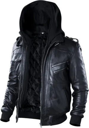 Lambskin Leather Motorcycle Jacket for Men - Genuine Leather Bomber Jacket with Removable Hood - US Sizes XXS-3XL