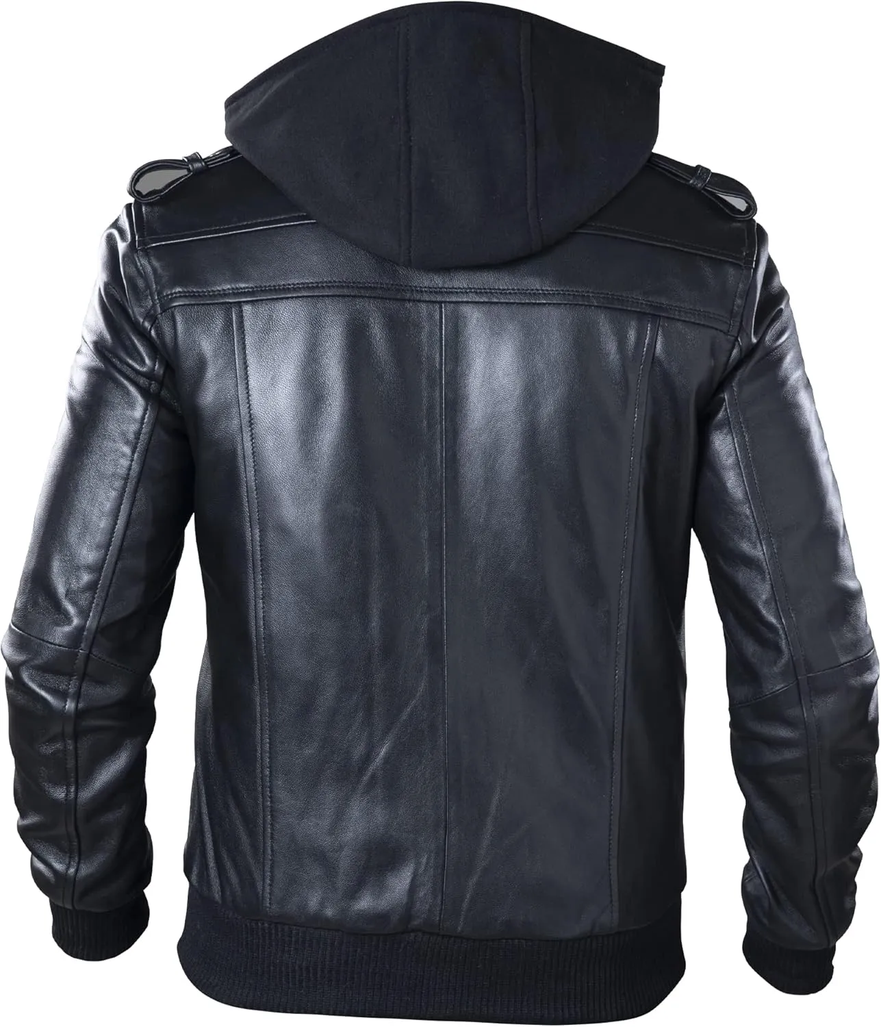 Lambskin Leather Motorcycle Jacket for Men - Genuine Leather Bomber Jacket with Removable Hood - US Sizes XXS-3XL