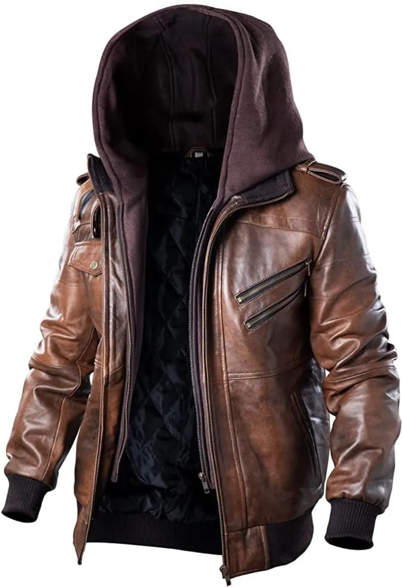Lambskin Leather Motorcycle Jacket for Men - Genuine Leather Bomber Jacket with Removable Hood - US Sizes XXS-3XL