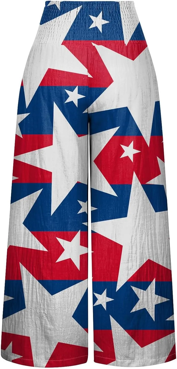 Linen Pants for Women,4th of July Pants Elastic Waist Wide Leg Womens Sweatpants Flowy 2025 Summer Independence Day