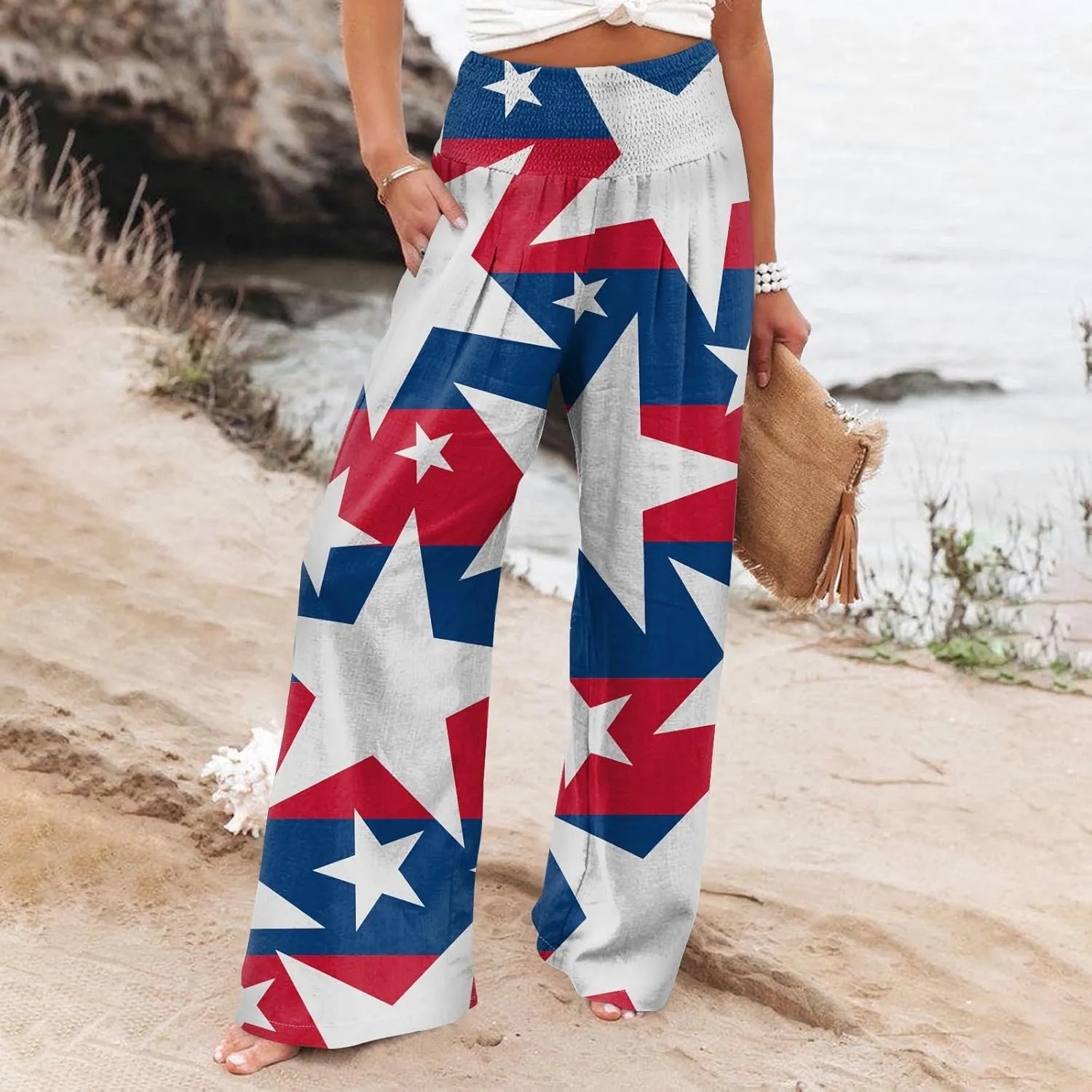 Linen Pants for Women,4th of July Pants Elastic Waist Wide Leg Womens Sweatpants Flowy 2025 Summer Independence Day