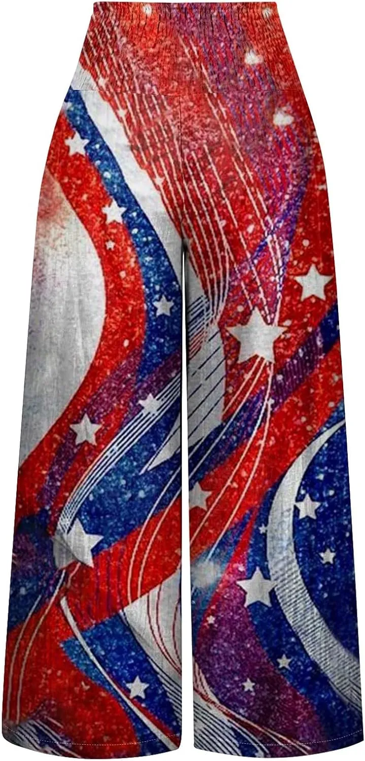 Linen Pants for Women,4th of July Pants Elastic Waist Wide Leg Womens Sweatpants Flowy 2025 Summer Independence Day