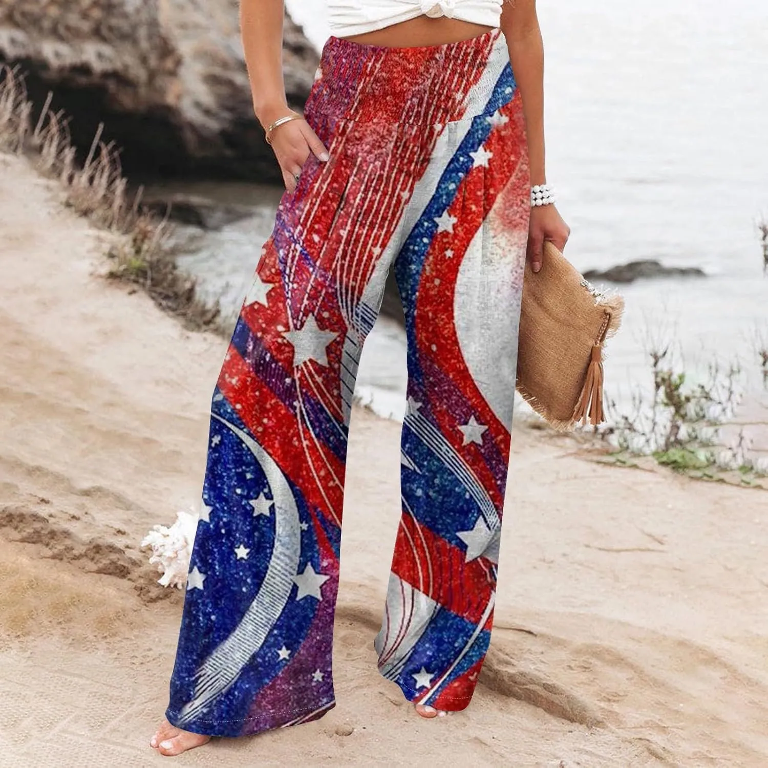 Linen Pants for Women,4th of July Pants Elastic Waist Wide Leg Womens Sweatpants Flowy 2025 Summer Independence Day