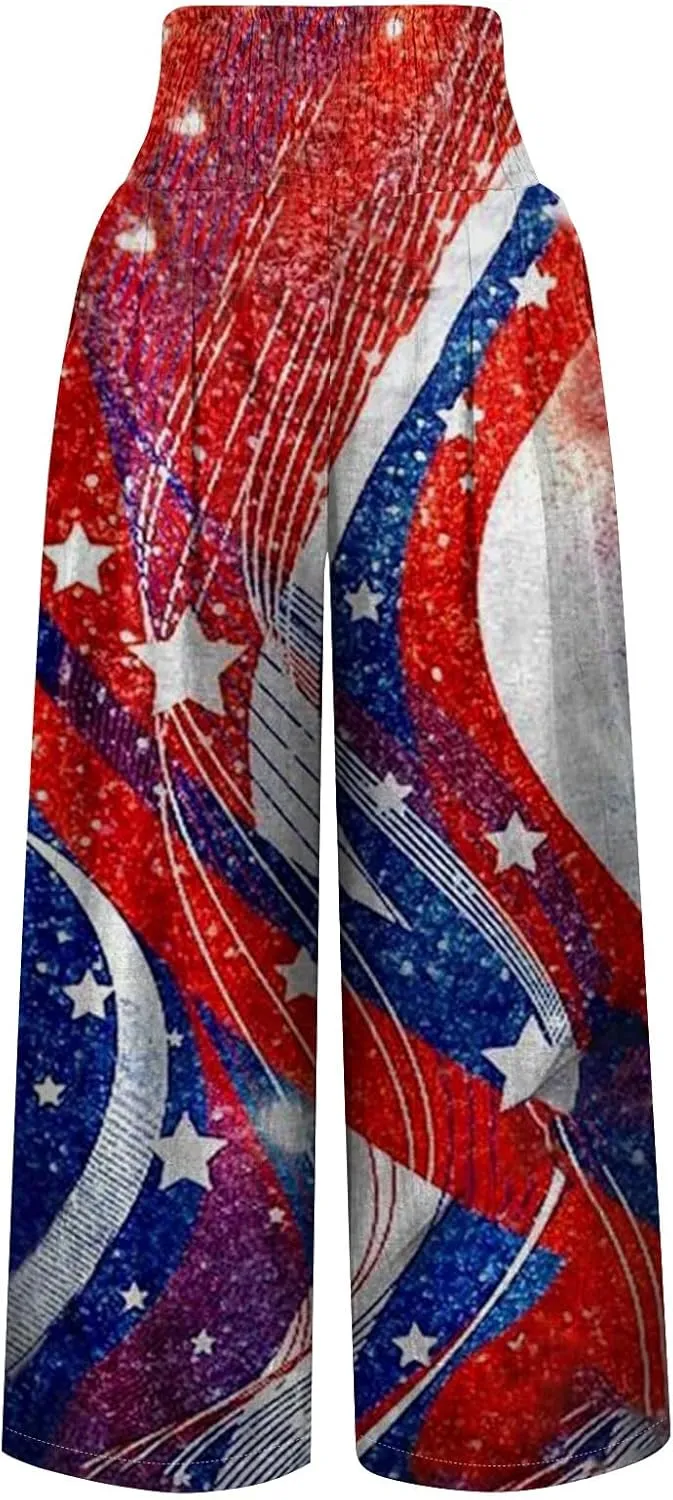 Linen Pants for Women,4th of July Pants Elastic Waist Wide Leg Womens Sweatpants Flowy 2025 Summer Independence Day