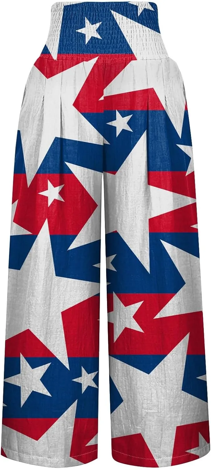 Linen Pants for Women,4th of July Pants Elastic Waist Wide Leg Womens Sweatpants Flowy 2025 Summer Independence Day