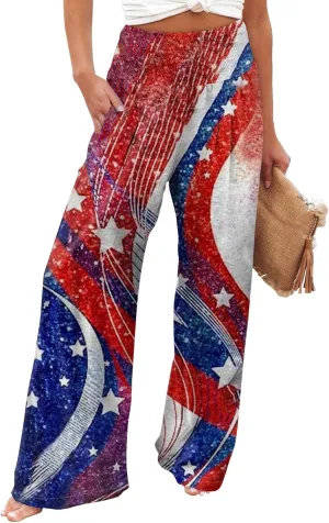 Linen Pants for Women,4th of July Pants Elastic Waist Wide Leg Womens Sweatpants Flowy 2025 Summer Independence Day