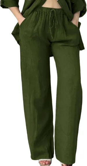 Linen Pants Women Summer Straight Leg Drawstring Elastic Waist High Waisted Wide Leg Pants Lounge Beach Trousers