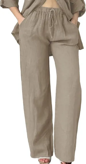 Linen Pants Women Summer Straight Leg Drawstring Elastic Waist High Waisted Wide Leg Pants Lounge Beach Trousers