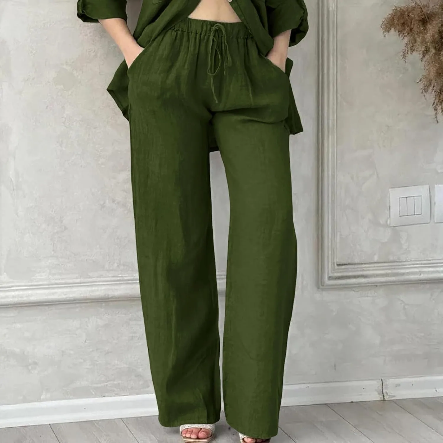Linen Pants Women Summer Straight Leg Drawstring Elastic Waist High Waisted Wide Leg Pants Lounge Beach Trousers