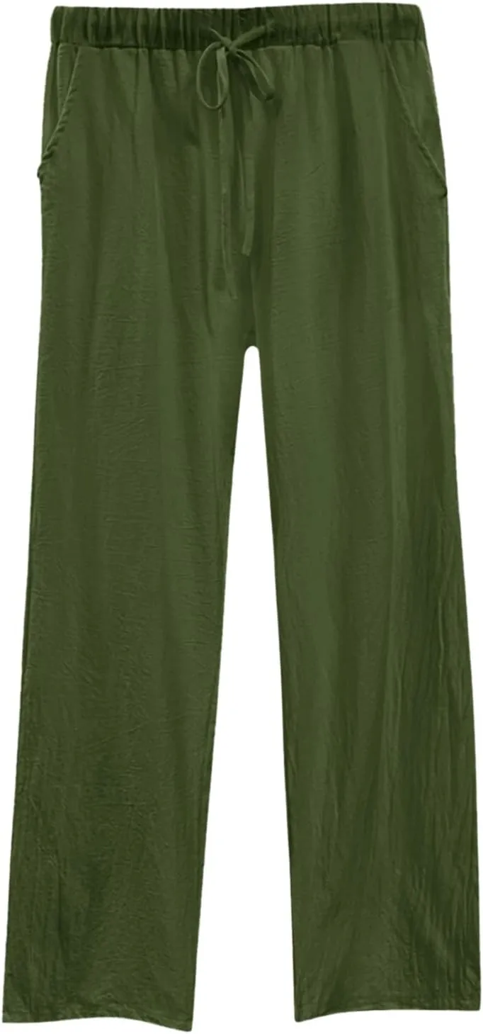 Linen Pants Women Summer Straight Leg Drawstring Elastic Waist High Waisted Wide Leg Pants Lounge Beach Trousers