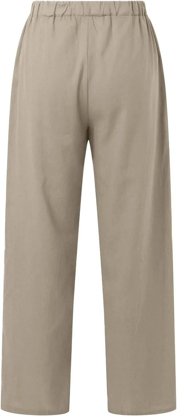 Linen Pants Women Summer Straight Leg Drawstring Elastic Waist High Waisted Wide Leg Pants Lounge Beach Trousers