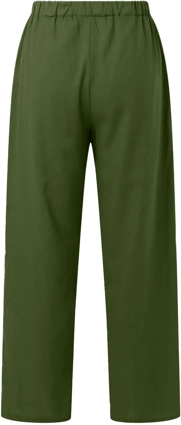 Linen Pants Women Summer Straight Leg Drawstring Elastic Waist High Waisted Wide Leg Pants Lounge Beach Trousers