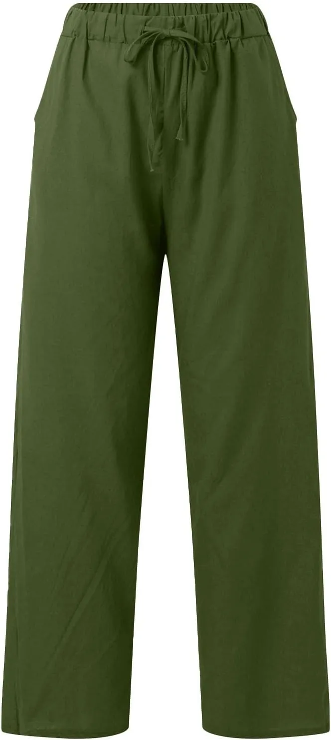 Linen Pants Women Summer Straight Leg Drawstring Elastic Waist High Waisted Wide Leg Pants Lounge Beach Trousers