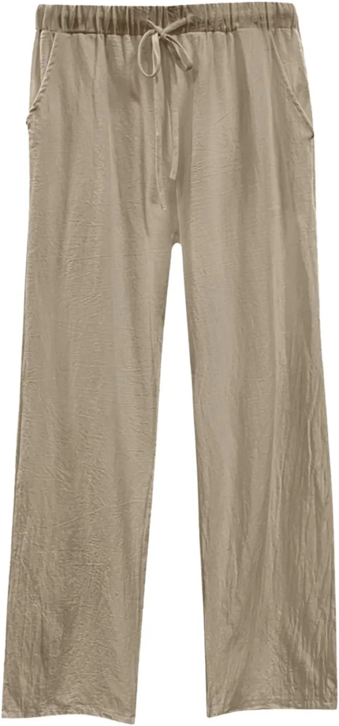 Linen Pants Women Summer Straight Leg Drawstring Elastic Waist High Waisted Wide Leg Pants Lounge Beach Trousers