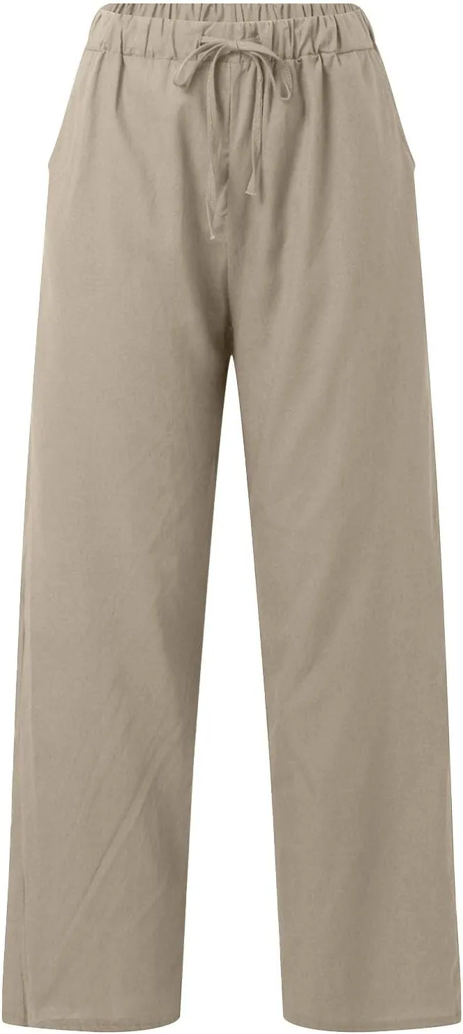 Linen Pants Women Summer Straight Leg Drawstring Elastic Waist High Waisted Wide Leg Pants Lounge Beach Trousers