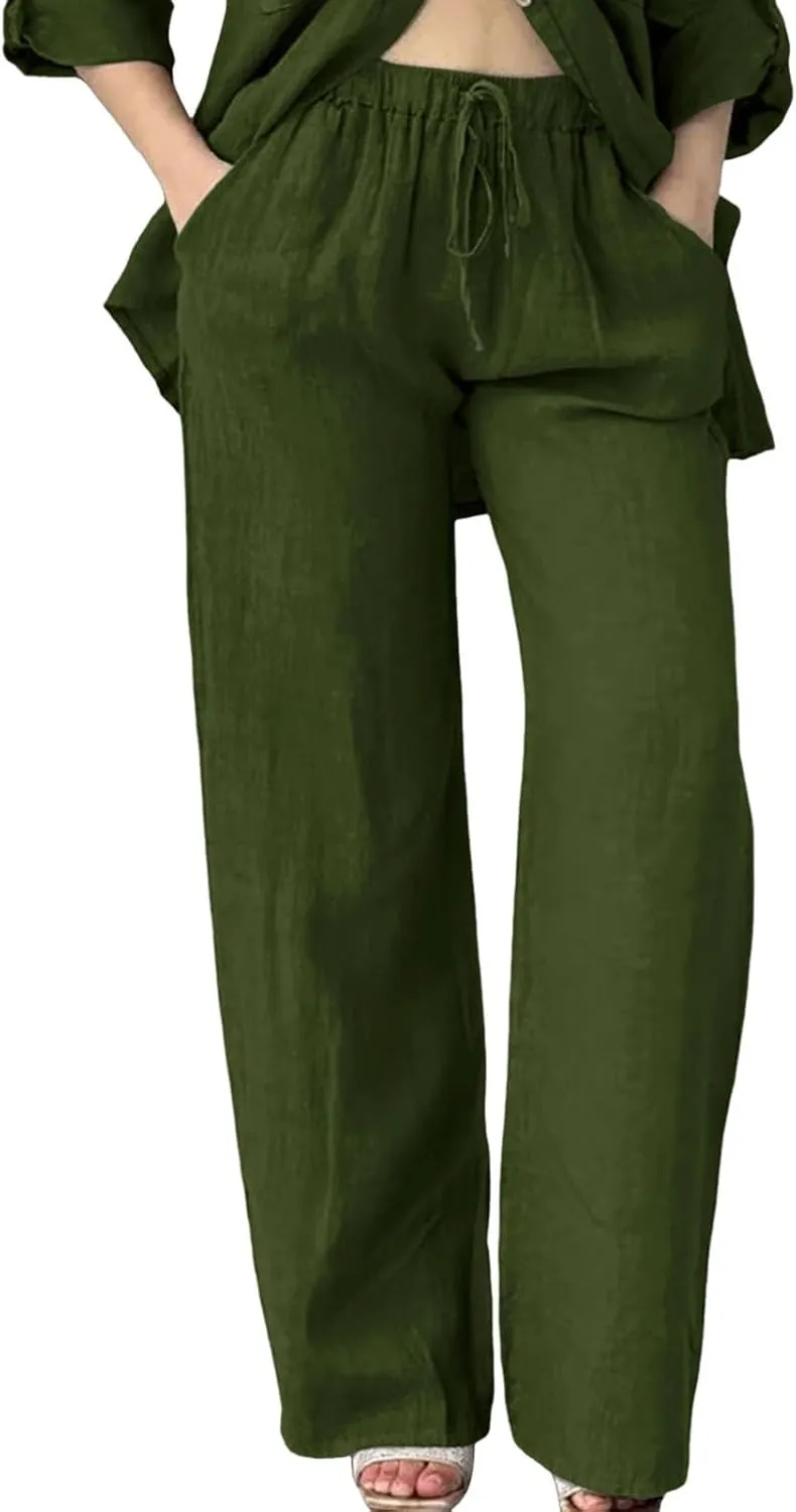 Linen Pants Women Summer Straight Leg Drawstring Elastic Waist High Waisted Wide Leg Pants Lounge Beach Trousers