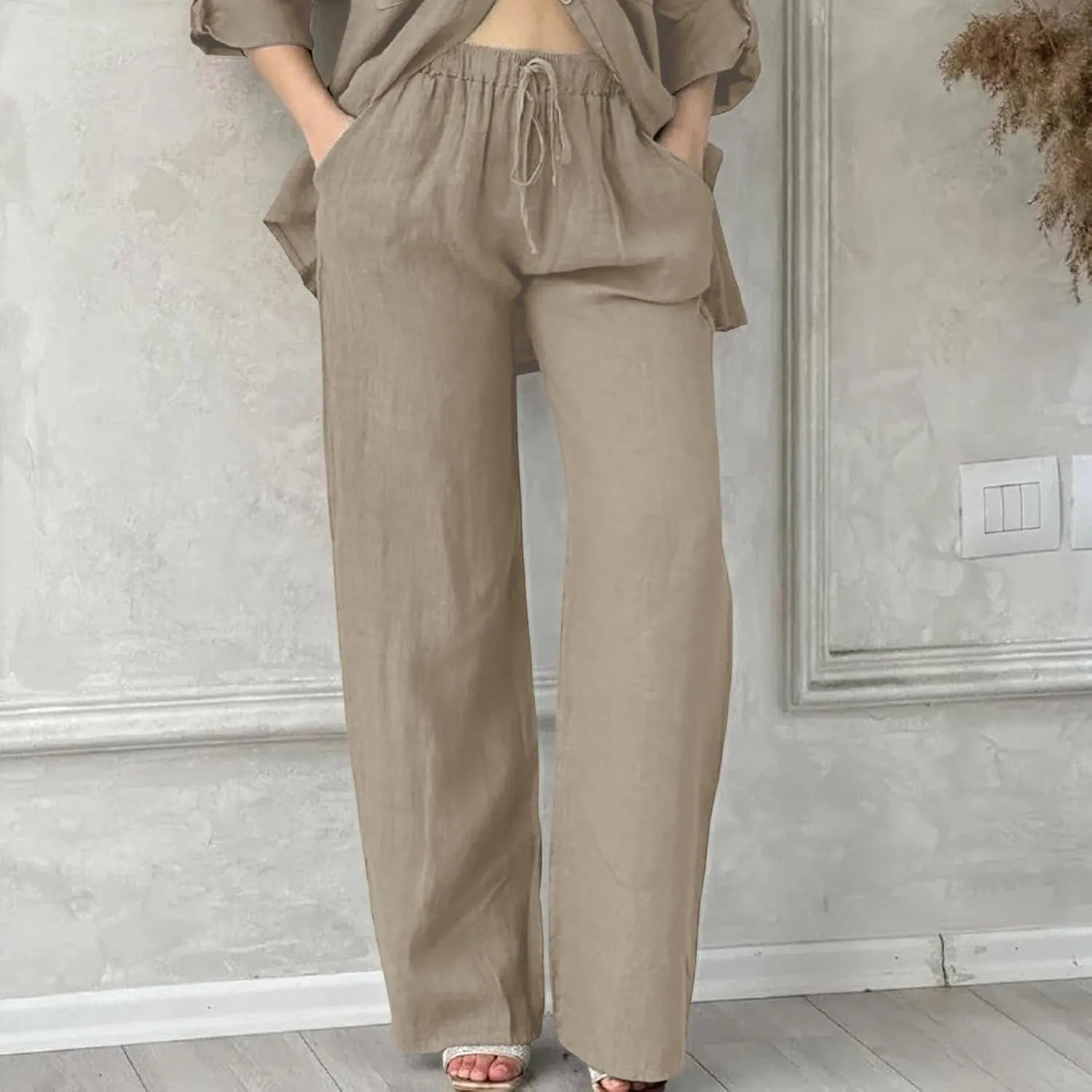 Linen Pants Women Summer Straight Leg Drawstring Elastic Waist High Waisted Wide Leg Pants Lounge Beach Trousers